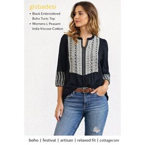 Globadesi Black Embroidered Boho Tunic Top Womens L Peasant India Viscose Cotton